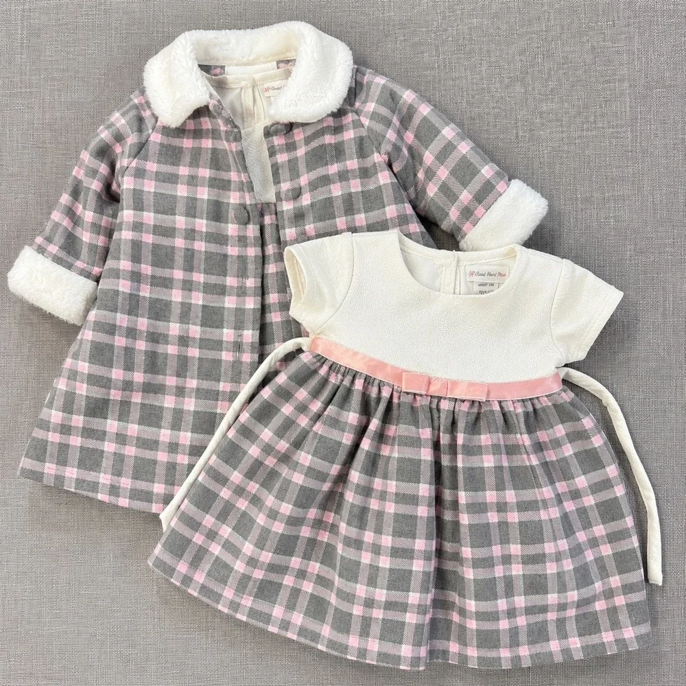 Sweet Heart Rose Baby Girl Plaid Dress and Coat Set 12M Pink Grey Faux Fur Trim